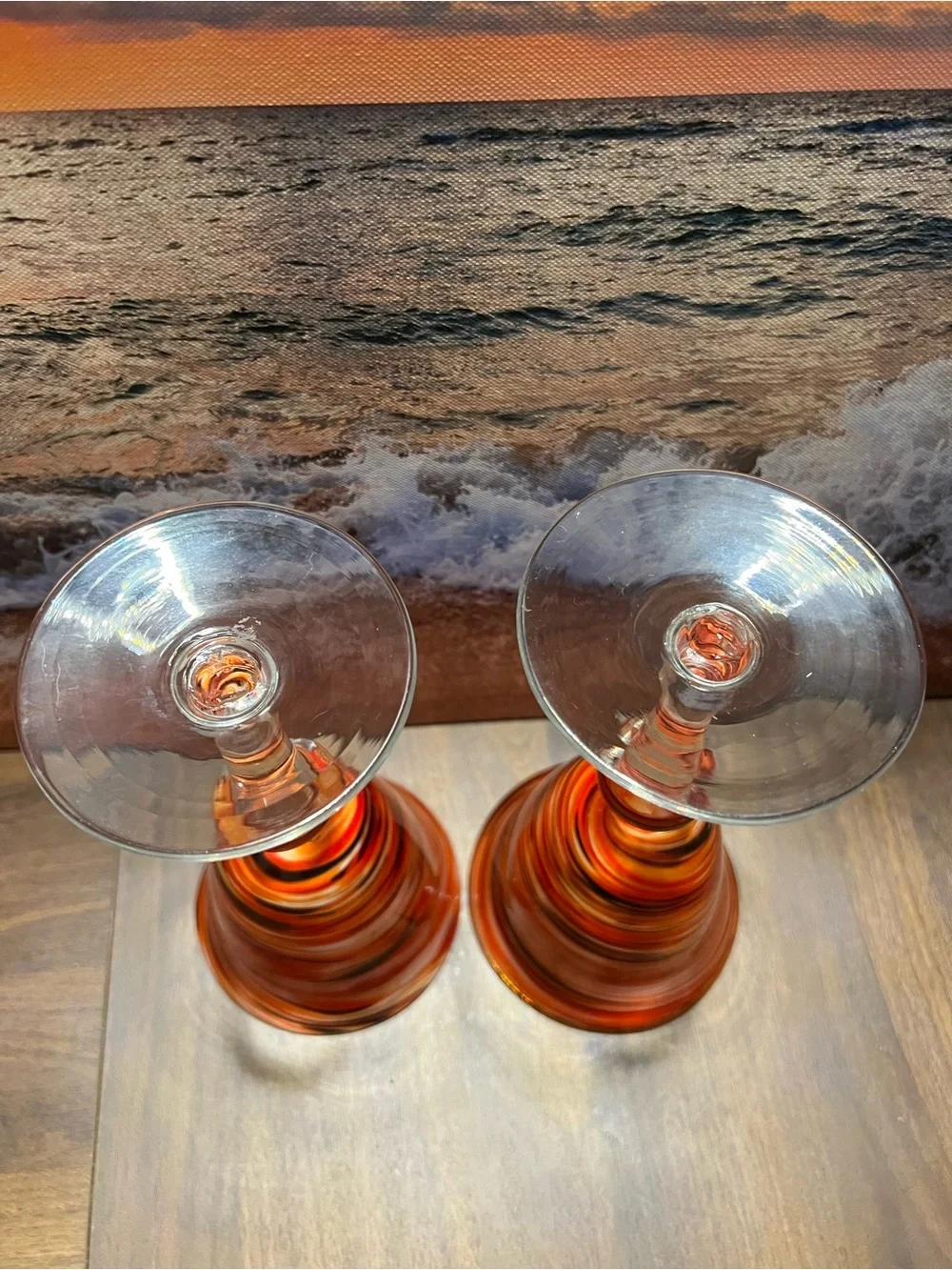 Pier 1 Handblown Glass Goblets ppin Orange & Black Swirl